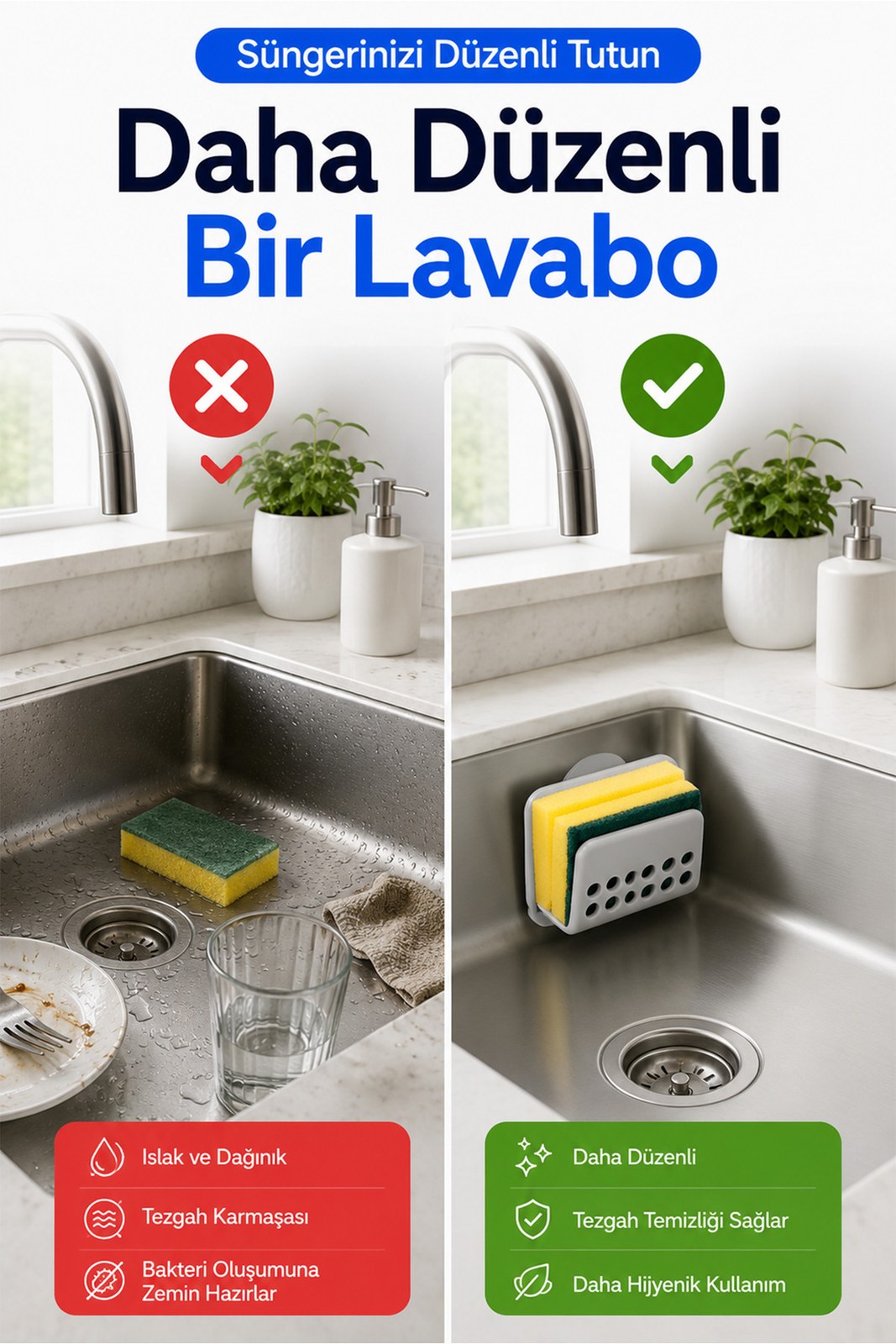 Vantuzlu Sünger ve Fırça Tutucu - Mutfak Lavabo Kenarı Süzgeçli Organizer (1 Adet)