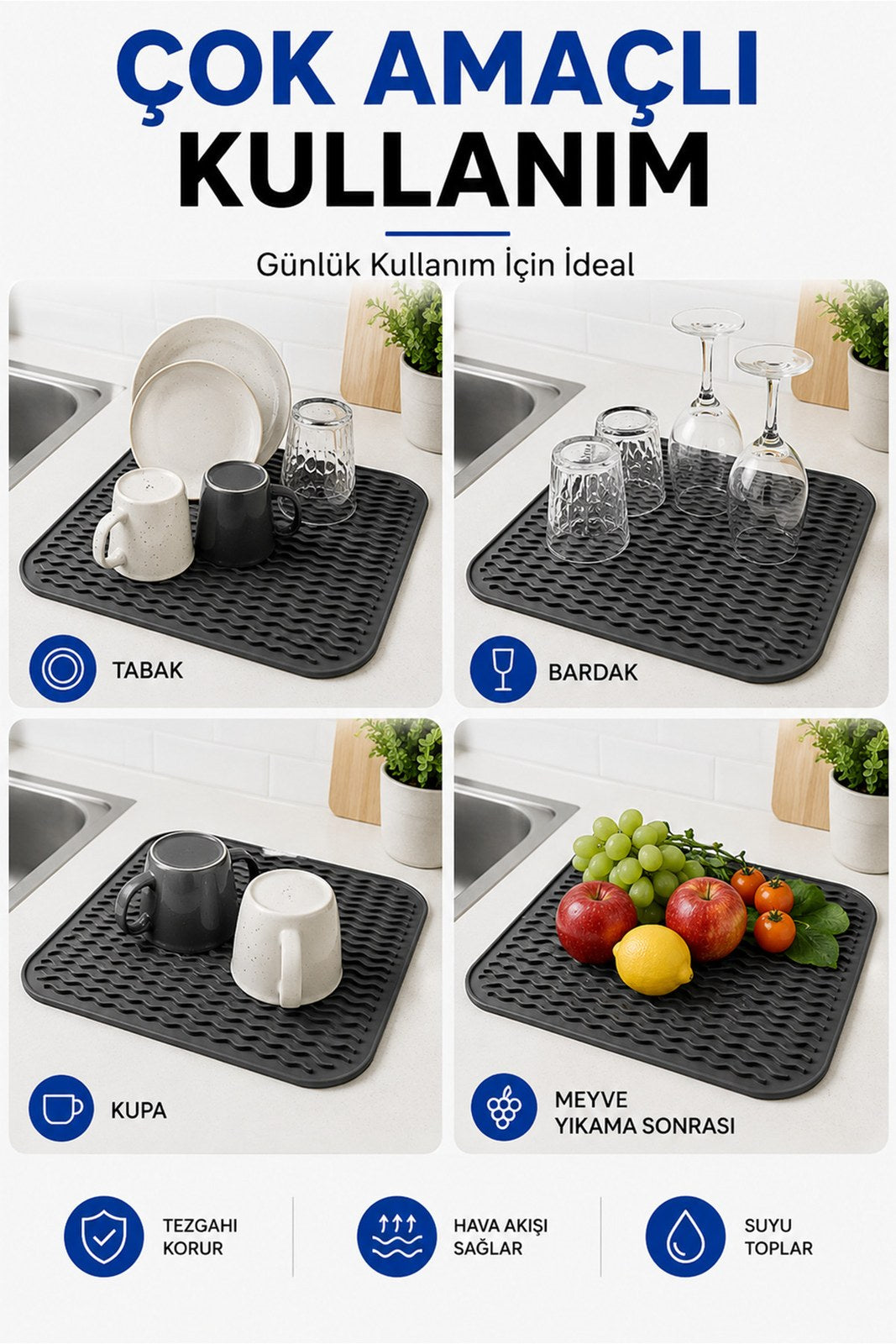 Bulaşık Kurutmalık - Wawe Desenli Silikon Çok Amaçlı Mat - Bulaşık Kurutma ve Tezgah Altlığı