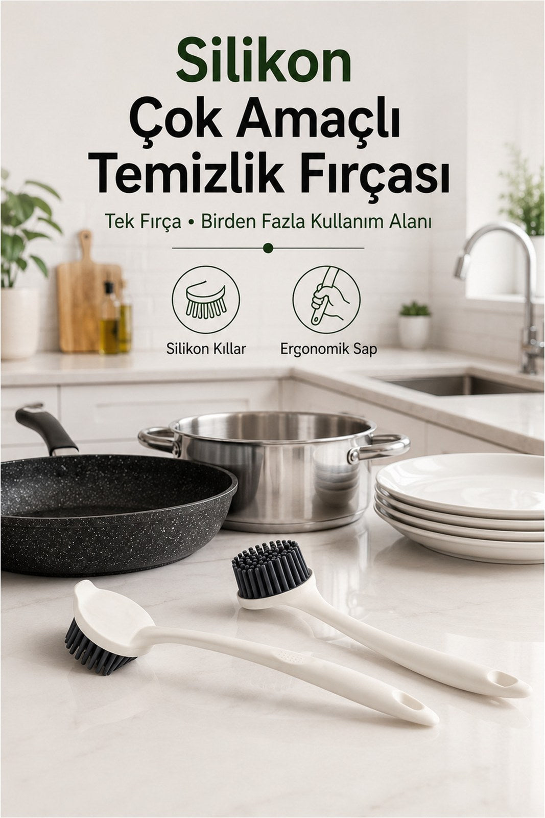 Silikon Çok Amaçlı Temizlik Fırçası - Ergonomik Saplı Bulaşık Fırçası (1 Adet)