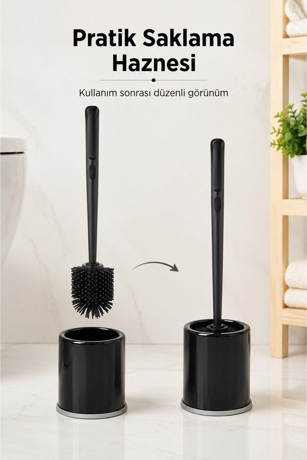 Silikon Tuvalet Fırçası Hazneli Uzun Saplı WC Temizleme Fırçası Siyah