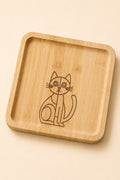 Kedi Desenli 20x20 cm Doğal Bambu Meyve ve Sunum Tabağı