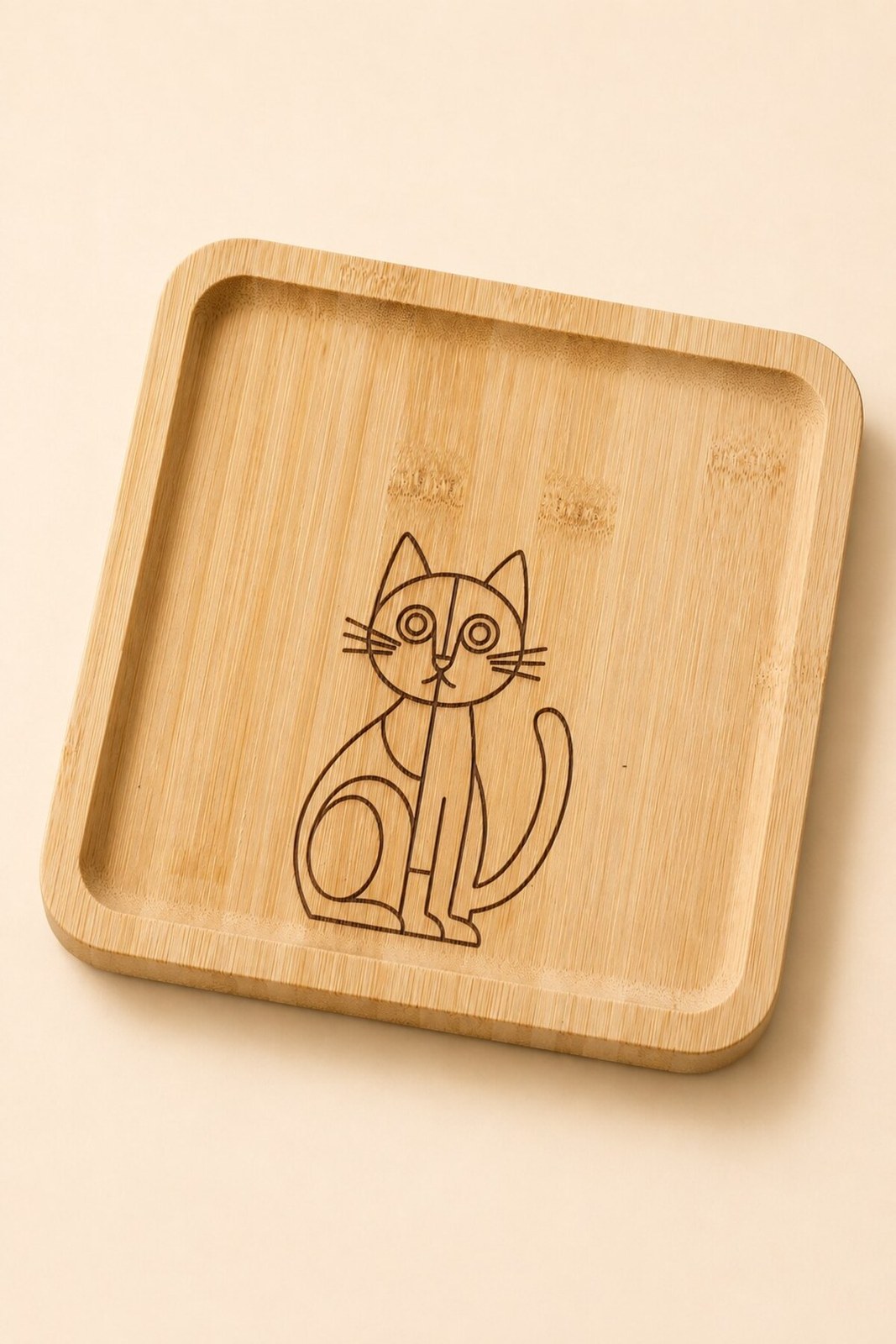 Kedi Desenli 20x20 cm Doğal Bambu Meyve ve Sunum Tabağı