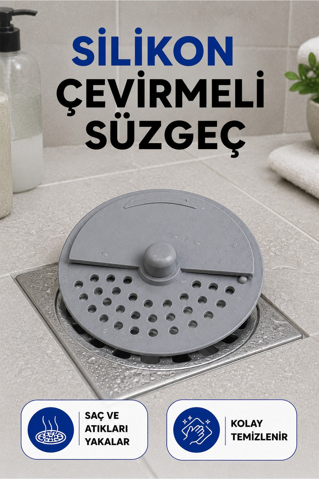 Silikon Twist Lavabo Gider Süzgeci 10 cm, Döner Kapaklı Saç ve Atık Tutucu (1 Adet)