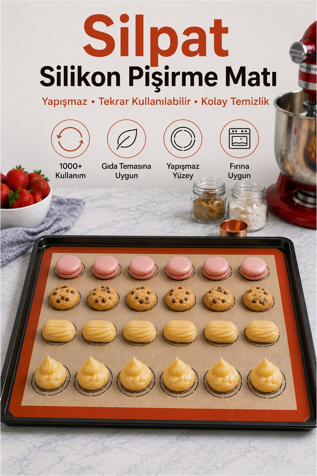 Silikon Pişirme Matı 30x40 cm, Yıkanabilir Hamur Açma ve Fırın Altlığı (1 Adet)