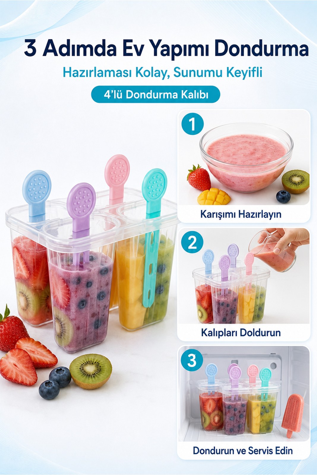 Buzlu Dondurma Kalıbı, Silikon Saplı Yeniden Kullanılabilir Buz Paten Seti 4'lü