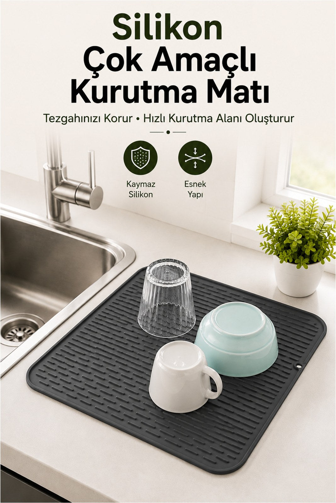 Büyük Boy Silikon Bulaşık Kurutma Matı 39x31 cm, Kaymaz Tezgah Koruyucu (1 Adet)