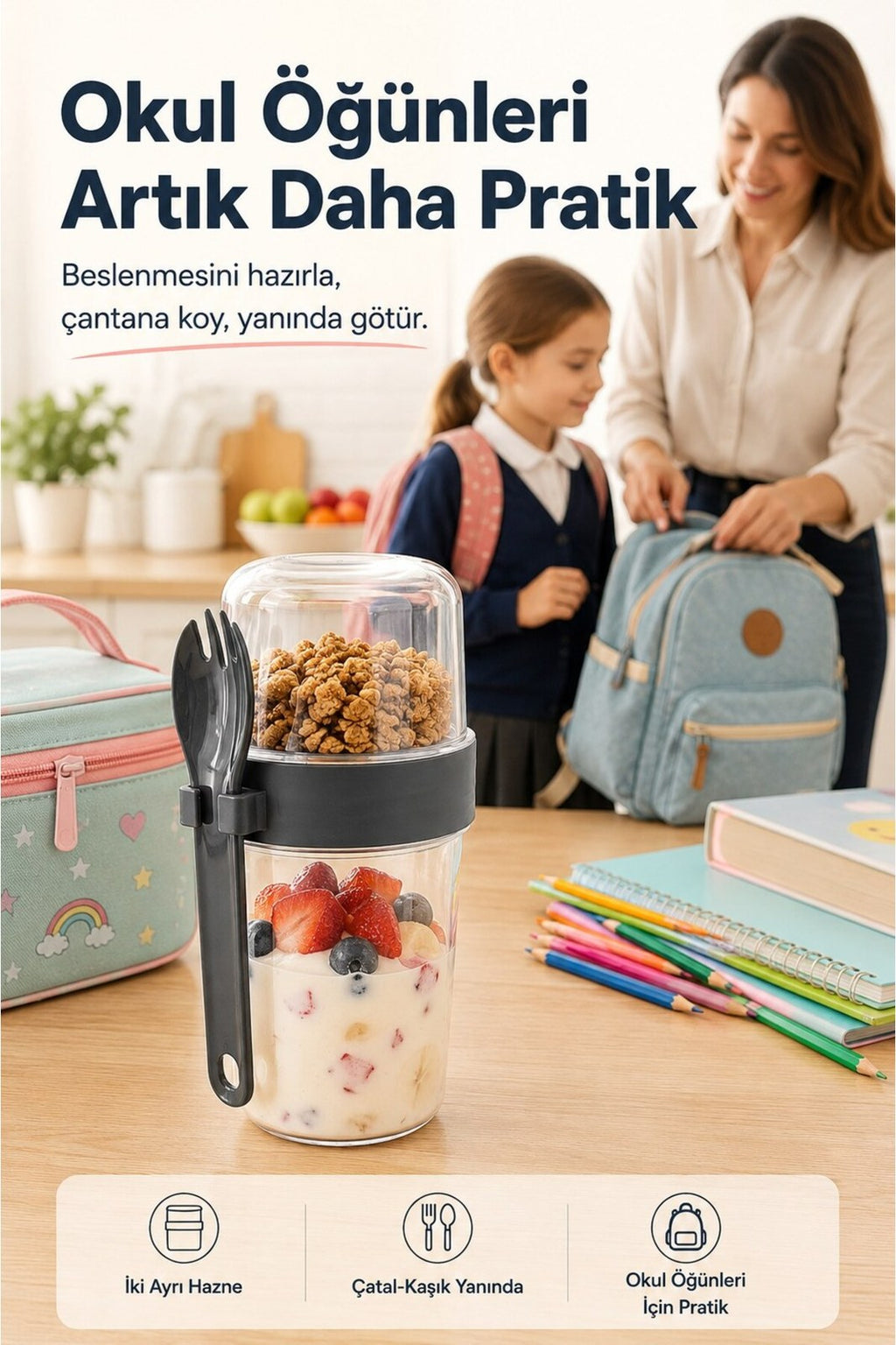 Bölmeli Müsli Kabı 800 ml Çatal Kaşıklı Sızdırmaz Taşınabilir Yoğurt Kabı