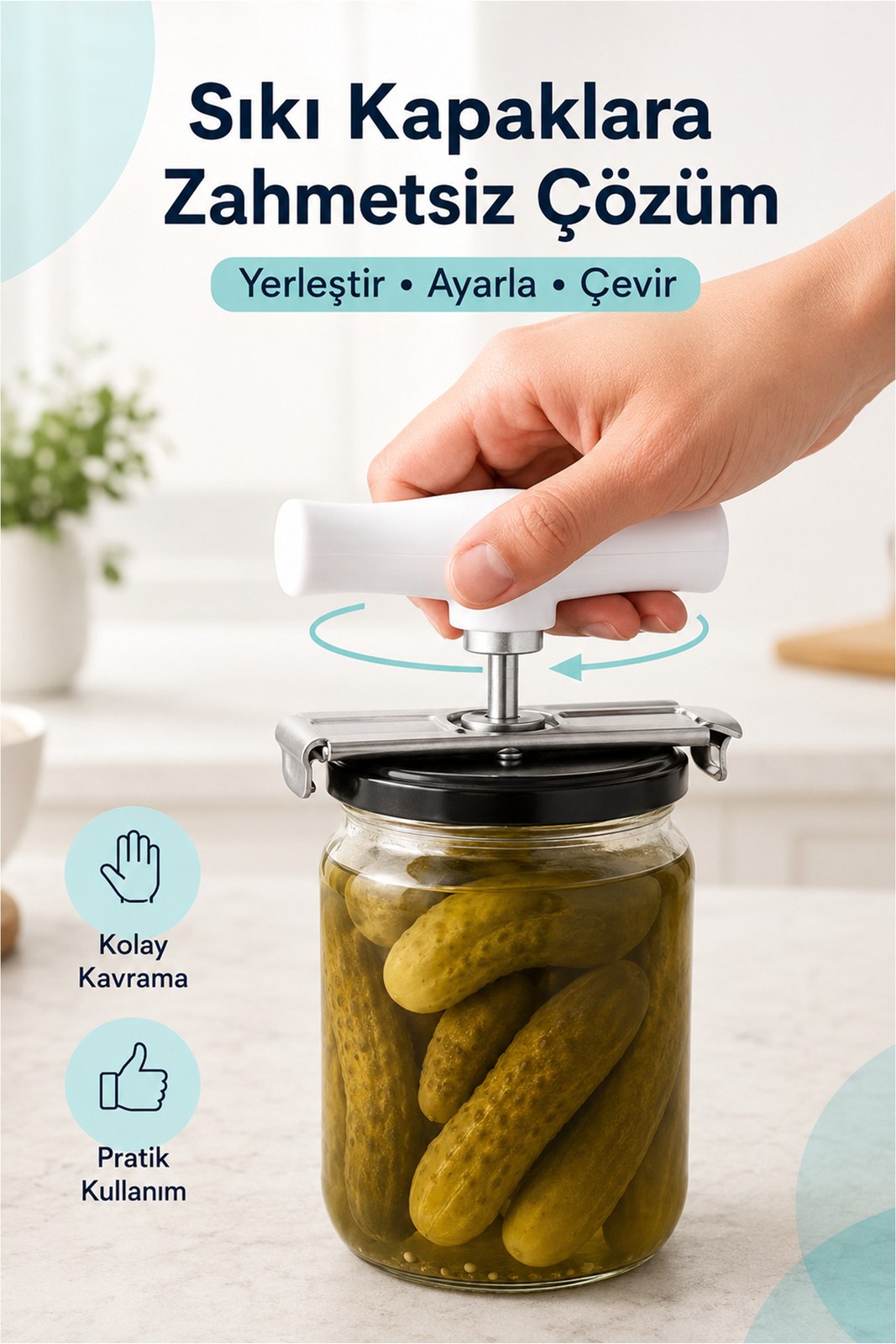 Metal Kavanoz Açacağı - Ayarlanabilir Mekanizma, Sıkı Kapakları Kolayca Açın (1 Adet)