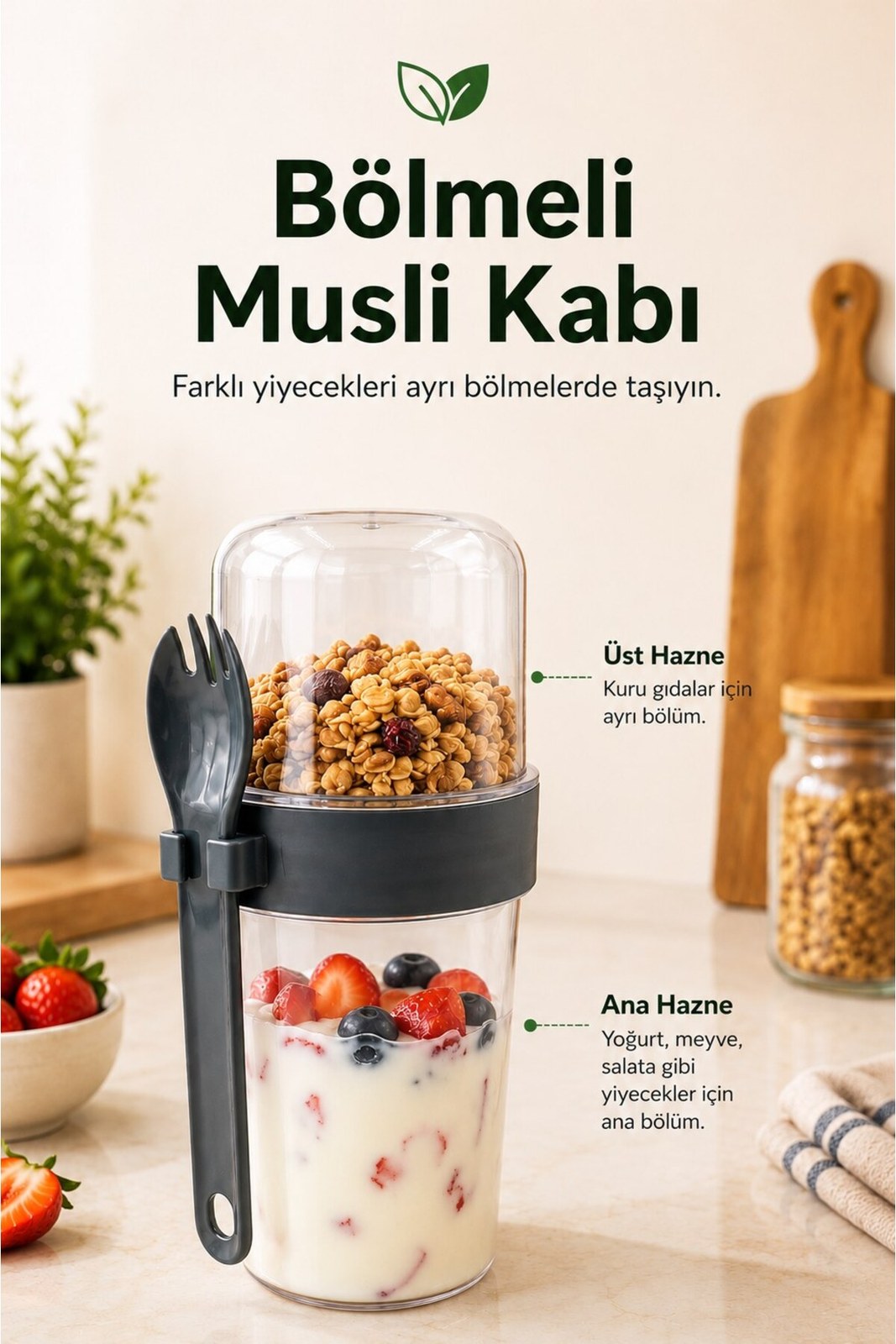 Bölmeli Müsli Kabı 800 ml Çatal Kaşıklı Sızdırmaz Taşınabilir Yoğurt Kabı