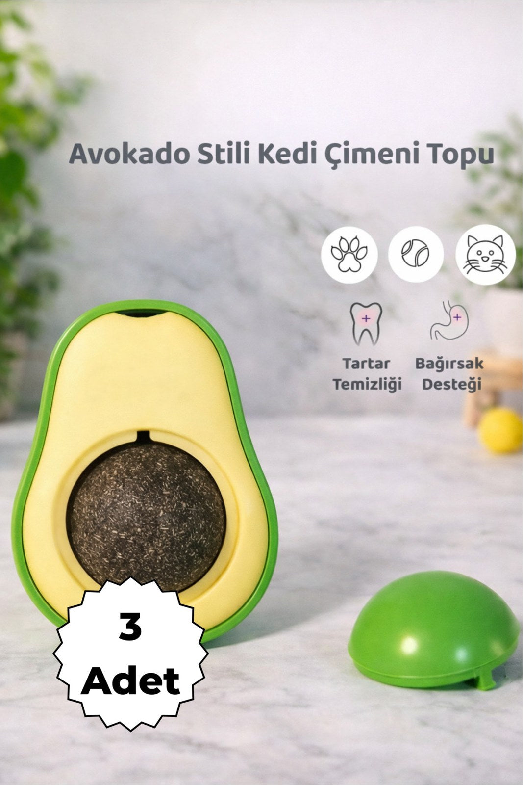 Avokado Tasarımlı Kedi Nanesi Yalama Topu, Yapışkanlı 360° Döner Catnip (3 Adet)