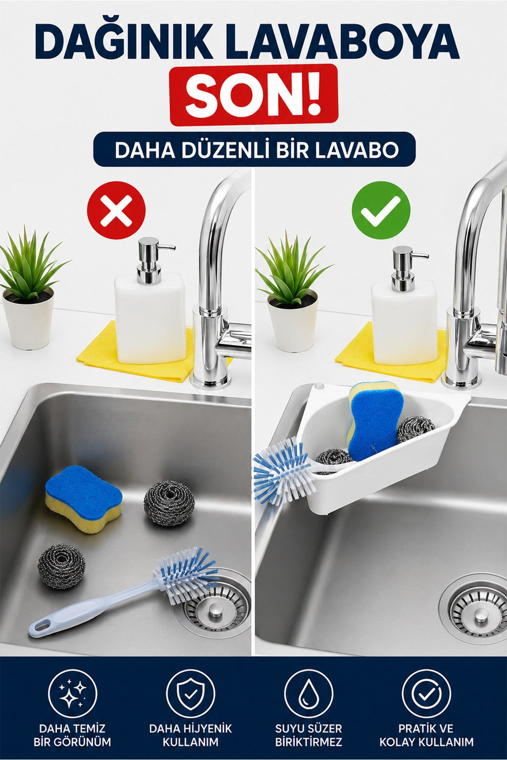 Banyo Düzenleyici Süzgeçli Köşe Lavabo Rafı - Üçgen Bulaşık Sepeti (1 Adet)