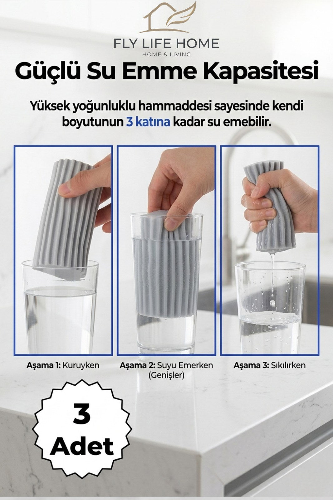 Çok Amaçlı Emici Sihirli Sünger, Oluklu Nemli Silgi ve Toz Toplayıcı (3 Adet)