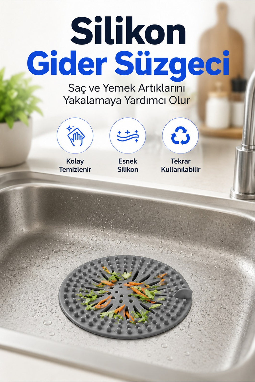 Yuvarlak Silikon Gider Süzgeci - Saç ve Yemek Artığı Yakalayıcı Lavabo Süzgeci (1 Adet)