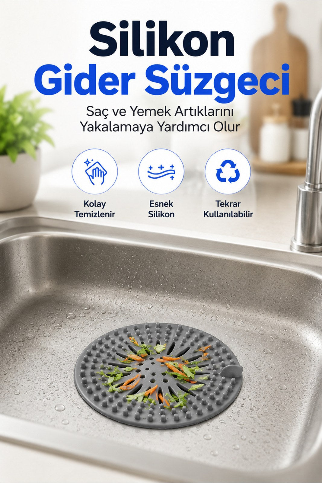 Yuvarlak Silikon Gider Süzgeci - Saç ve Yemek Artığı Yakalayıcı Lavabo Süzgeci (1 Adet)