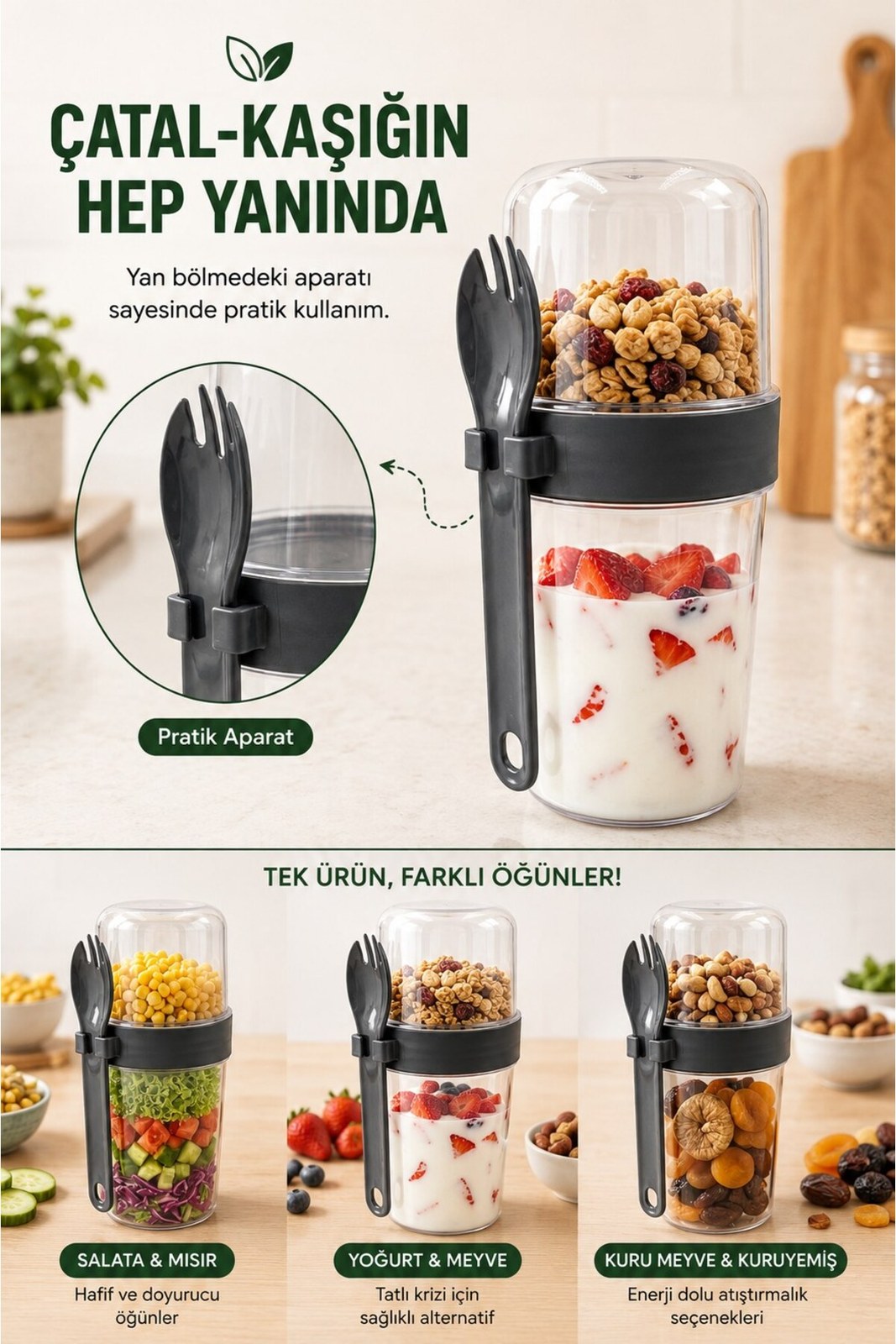Bölmeli Müsli Kabı 800 ml Çatal Kaşıklı Sızdırmaz Taşınabilir Yoğurt Kabı