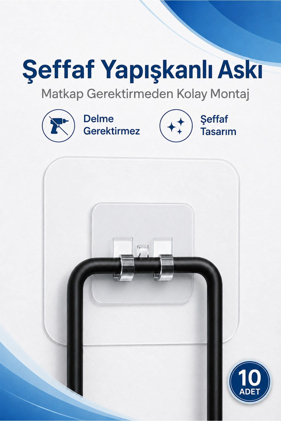 Banyo Askısı Yedek Yapışkan - Şeffaf Raf Tutucu, Delmeden Montaj Yedek Aparat (10 Adet)