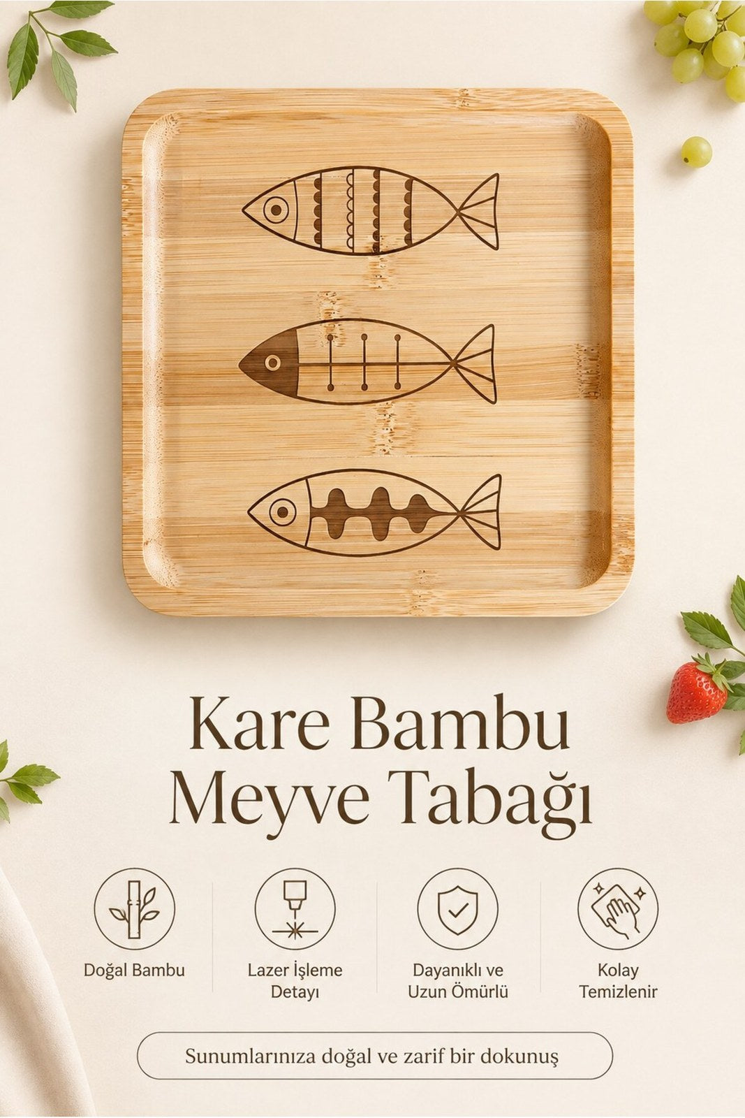 Balık Desenli 20x20 cm Doğal Bambu Meyve ve Sunum Tabağı