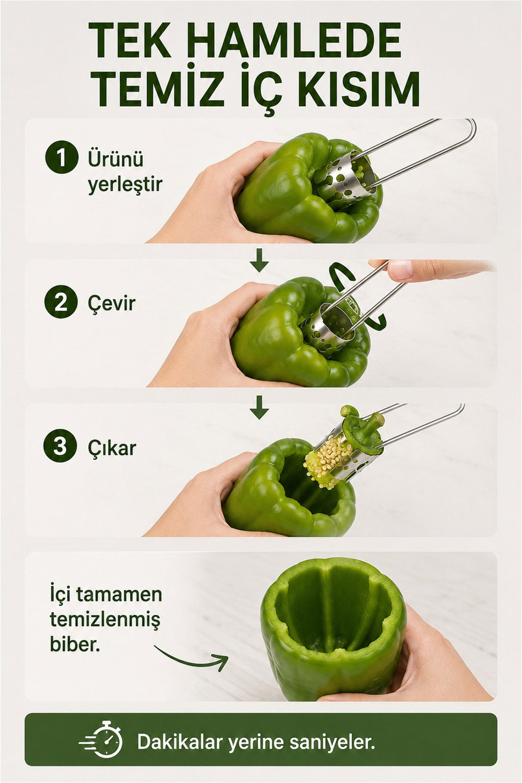 Paslanmaz Çelik Biber Oyacağı - Sapı ve Çekirdekleri Tek Hamlede Çıkaran Pratik Aparat (1 Adet)