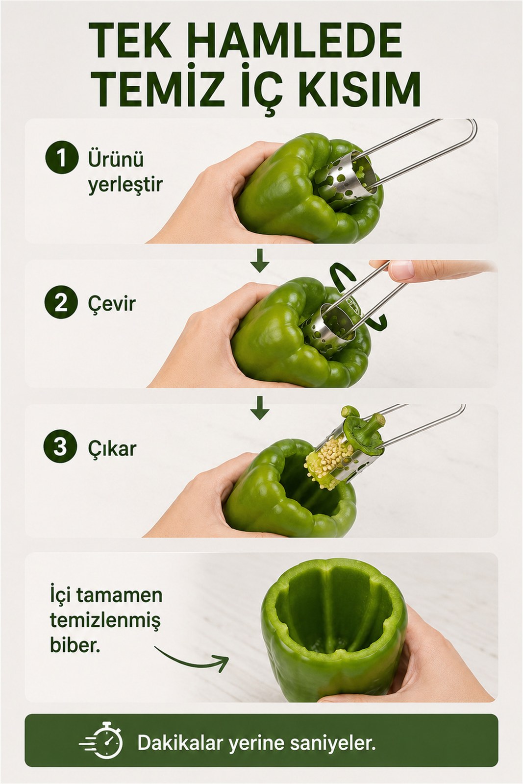 Paslanmaz Çelik Biber Oyacağı - Sapı ve Çekirdekleri Tek Hamlede Çıkaran Pratik Aparat (1 Adet)
