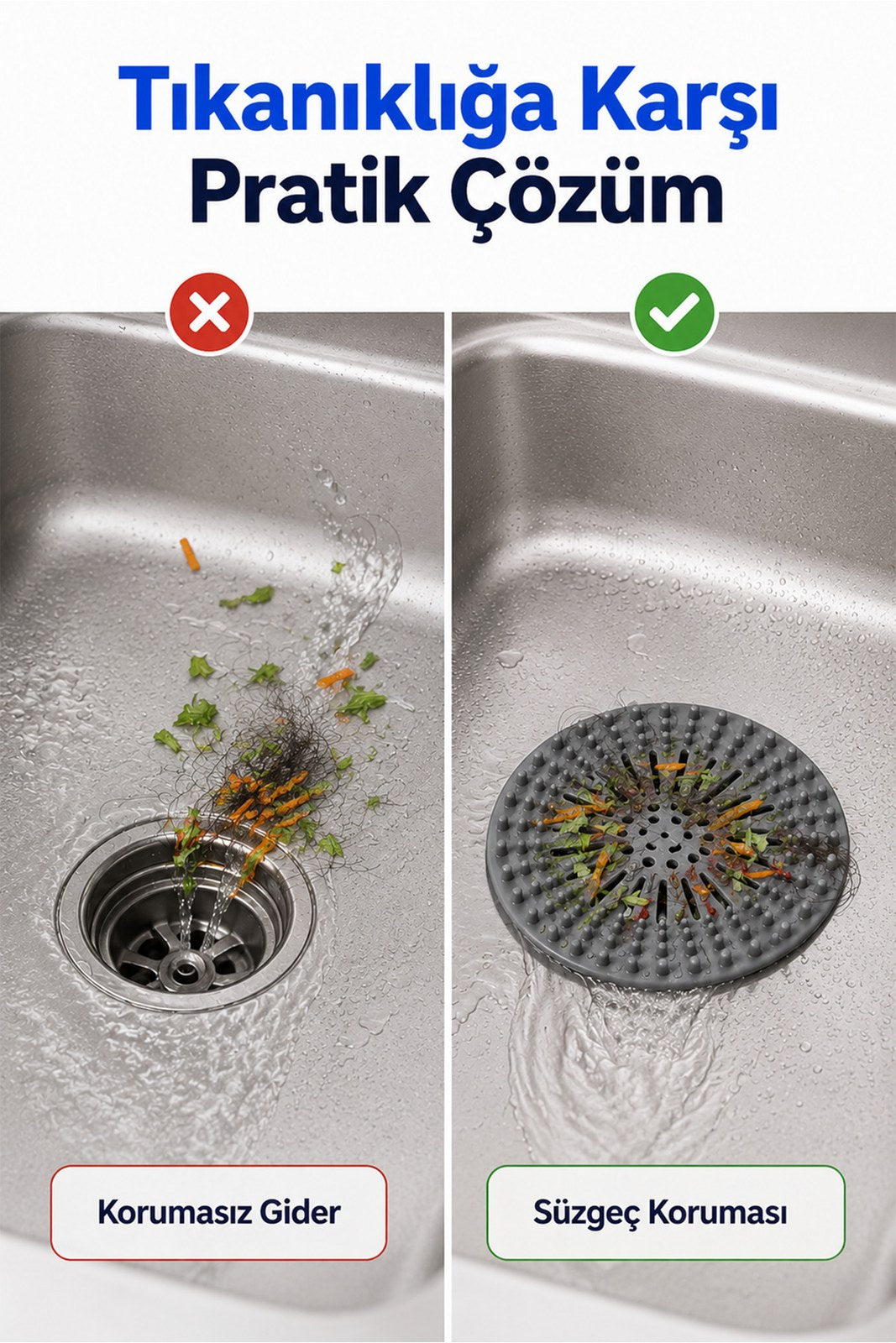 Yuvarlak Silikon Gider Süzgeci - Saç ve Yemek Artığı Yakalayıcı Lavabo Süzgeci (1 Adet)