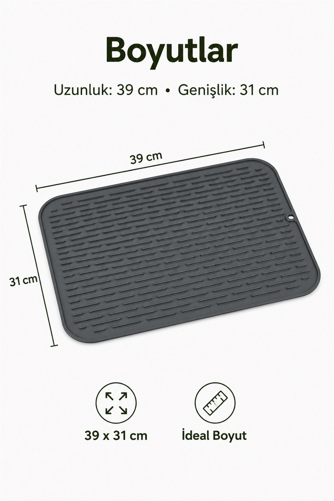 Büyük Boy Silikon Bulaşık Kurutma Matı 39x31 cm, Kaymaz Tezgah Koruyucu (1 Adet)