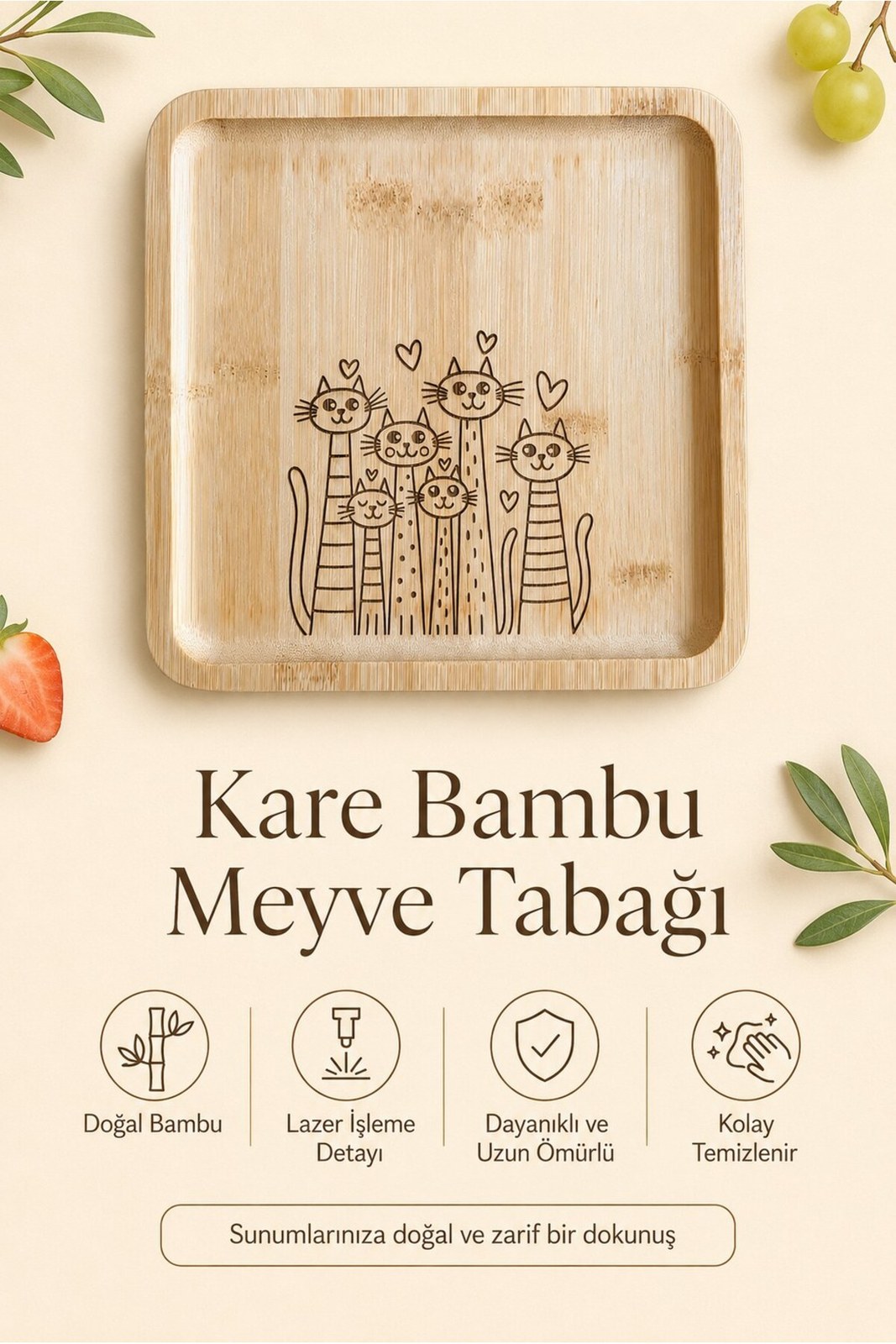Sevimli Kediler 20x20 cm Doğal Bambu Meyve ve Sunum Tabağı