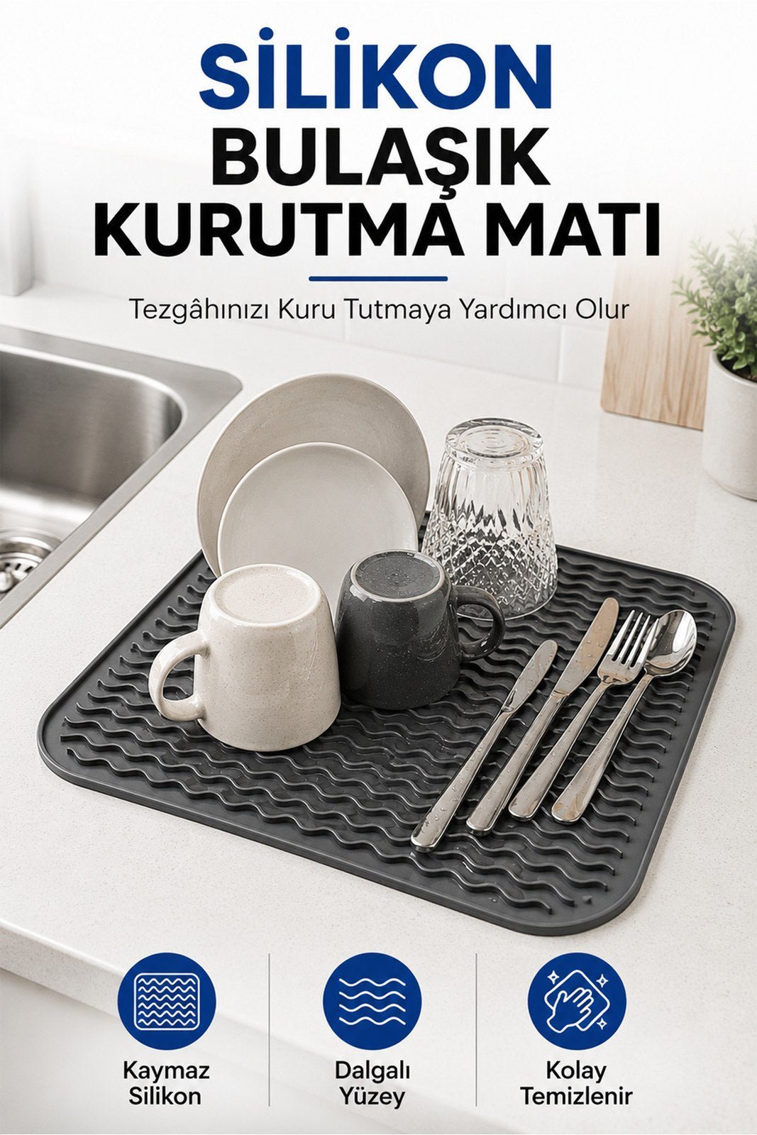 Bulaşık Kurutmalık - Wawe Desenli Silikon Çok Amaçlı Mat - Bulaşık Kurutma ve Tezgah Altlığı