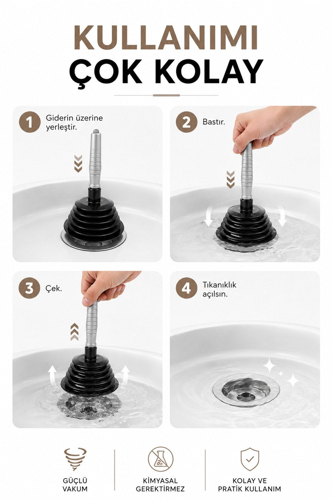 Körüklü Lavabo Pompası - Güçlü Vakumlu, Kimyasal Gerektirmeyen Gider (1 Adet)