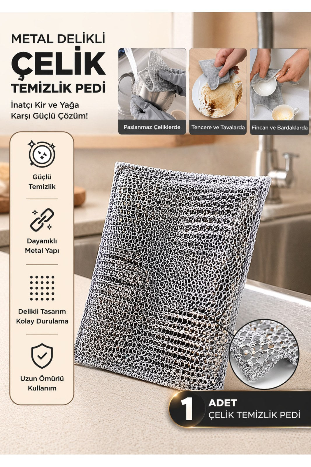 Çok Amaçlı Inox Tel Temizlik Bezi Hijyen Bulaşık Bezi Tek Katmanlı Çizmez Zor Kir Bezi (1 Adet)