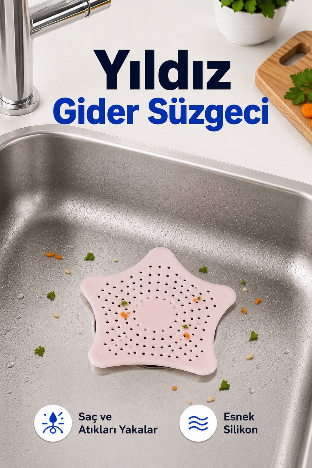 Yıldız Silikon Lavabo Gider Süzgeci 16x16 cm, Saç ve Yemek Artığı Tutucu (1 Adet)